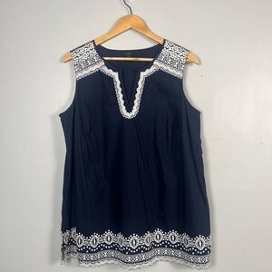 Talbots Women's Sleeveless Crochet embroidered Trimmed Top Navy/White Size X/0X